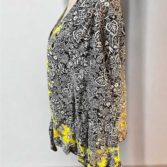 Ruby Rd Black and Yellow Relaxed Tie Front Blouse - Picture 3 of 5